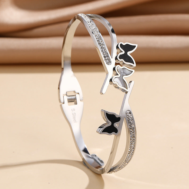 Wholesale Titanium Steel Stainless Steel Electroplated Zircon Extra Wide Butterfly Bracelet